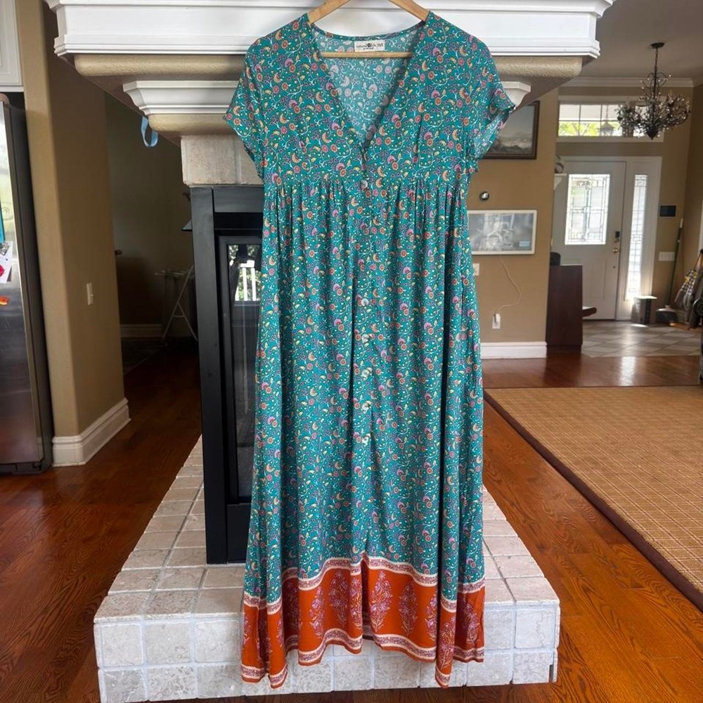 Natural life midi dress short sleeve button front teal paisly floral pattern